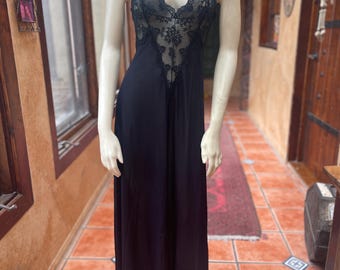 Vintage 70er Jahre Olga Nachthemd | Schwarze Nylon Volle Länge | XXS/S