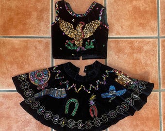 Vintage Mexican Sequin Velveteen 2 Piece Set | Girls Size 6 | Fiesta Top and Circle Skirt