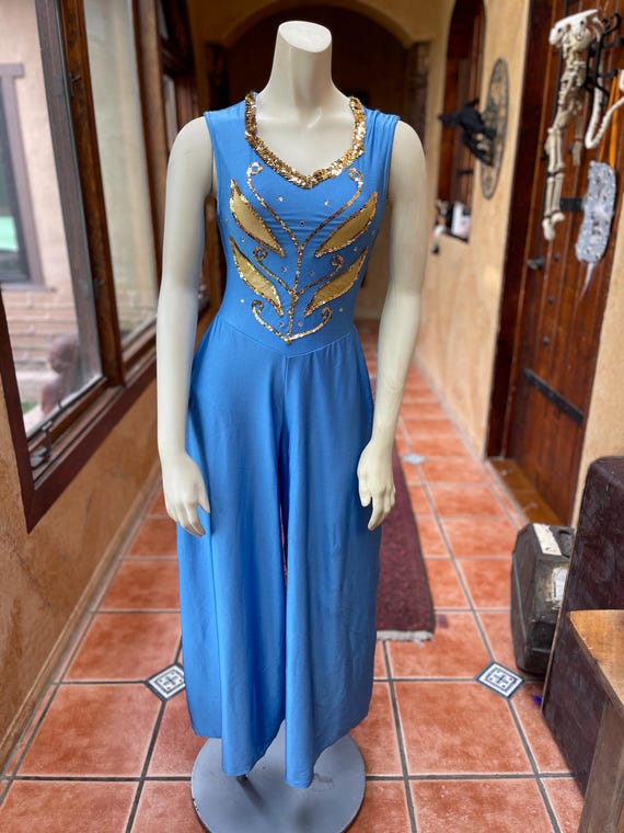 90s Sky Blue Spandex Dance Jumpsuit – Sleeveless Flared Leg 