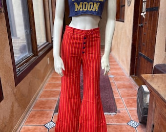 Vintage 1970s Fire Orange Striped Bell Bottom Pants — Unlableled