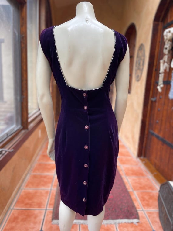 Vintage New Yorkers Purple Velvet Dress | Jewel Trim Open Back | 80s 90s Evening Dress, XS