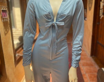 Vintage 1970s Frederick's of Hollywood Plunge Jumpsuit | Powder Blue Liquid Jersey Tie-Front Catsuit | XS/S