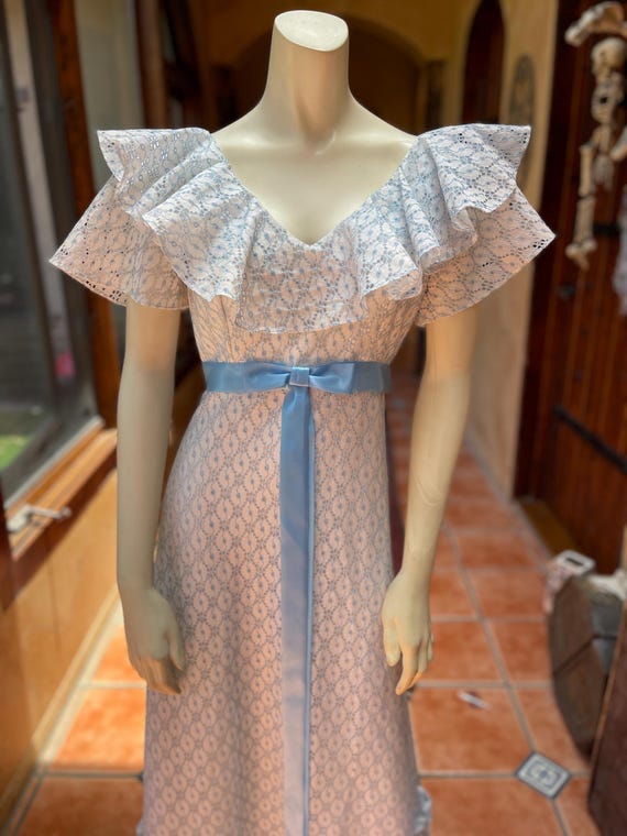 70s Blue and Ivory Eyelet Prairie Maxi, Medium