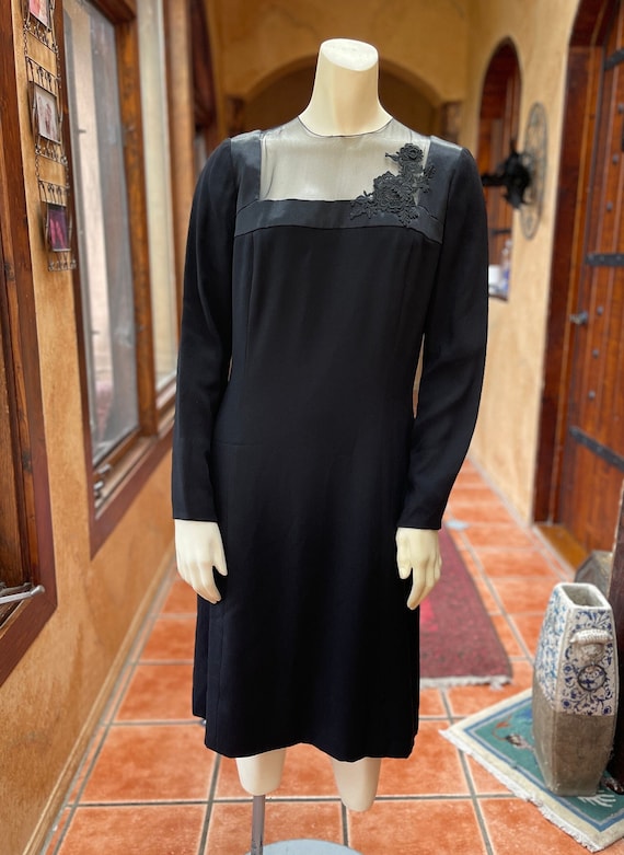 Vintage 1960s Peggy Hunt Black Crepe Dress | Sheer Illusion Yoke | Floral Appliqu | Designer Evening Dress | M/L