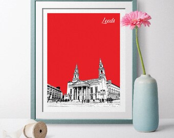 England Travel Poster, Leeds Travel Poster, Leeds Skyline, Leeds Cityscape, Leeds Art,  England Poster, England Art Millenium Square