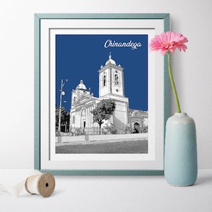 Cartel de viaje de Nicaragua, Chinandega cartel de viaje, Chinandega impresiones, Chinandega arte, Chinandega boda, Nicaragua Arte Santa Ana iglesia