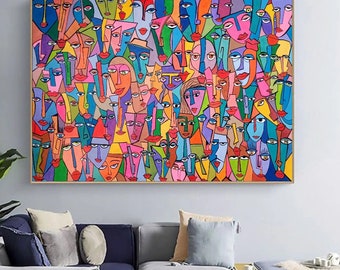 Original Cubist abstract Faces Painting, Colorful Modern Statement  Art