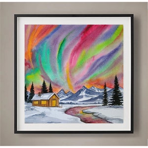 Acquerello raffigurante l'aurora boreale / Paesaggio invernale originale / Scena di una baita con aurora boreale / Decorazione per la casa delle vacanze