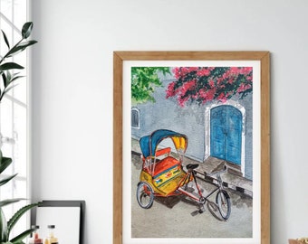 Indian Rickshaw Watercolor Painting: Pondicherry Street Scene Art
