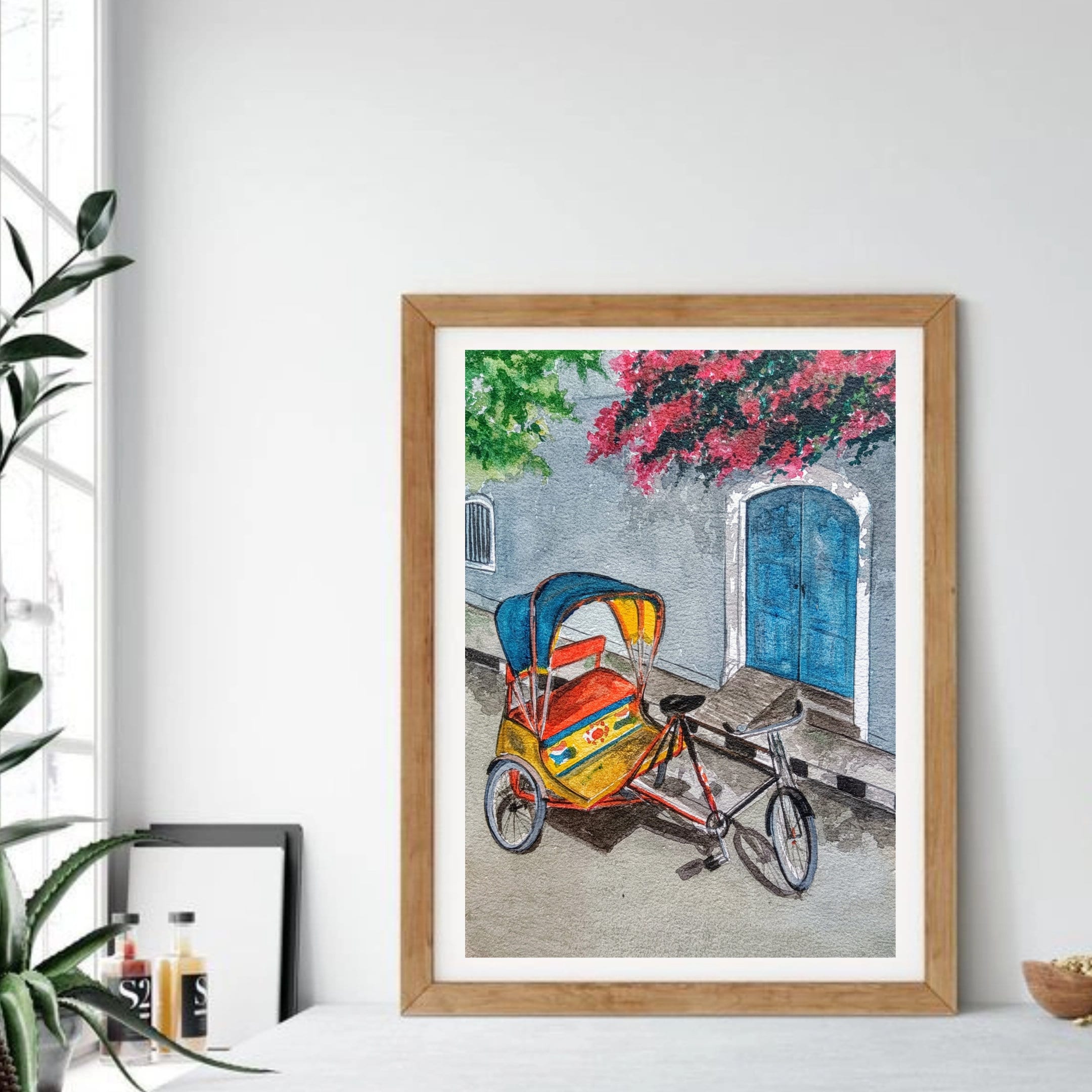 インドの人力車の水彩画：ポンディシェリの街並みのアート - Etsy 日本