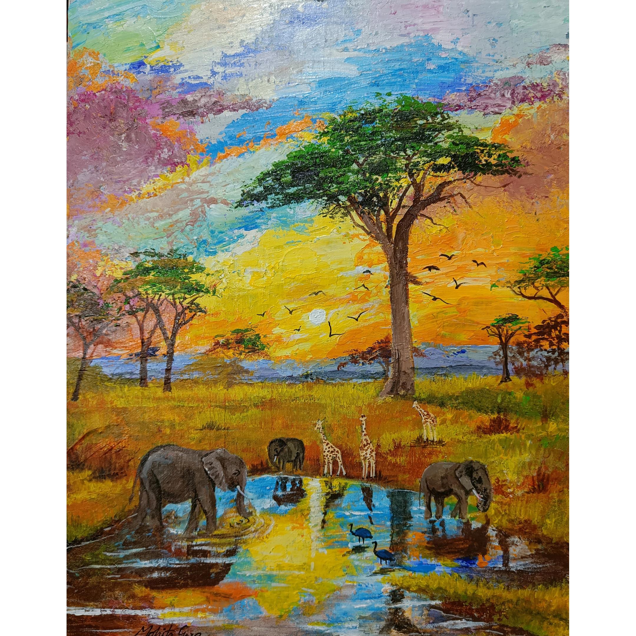 オリジナルのアフリカの野生動物の絵画：インパストサバンナ風景画