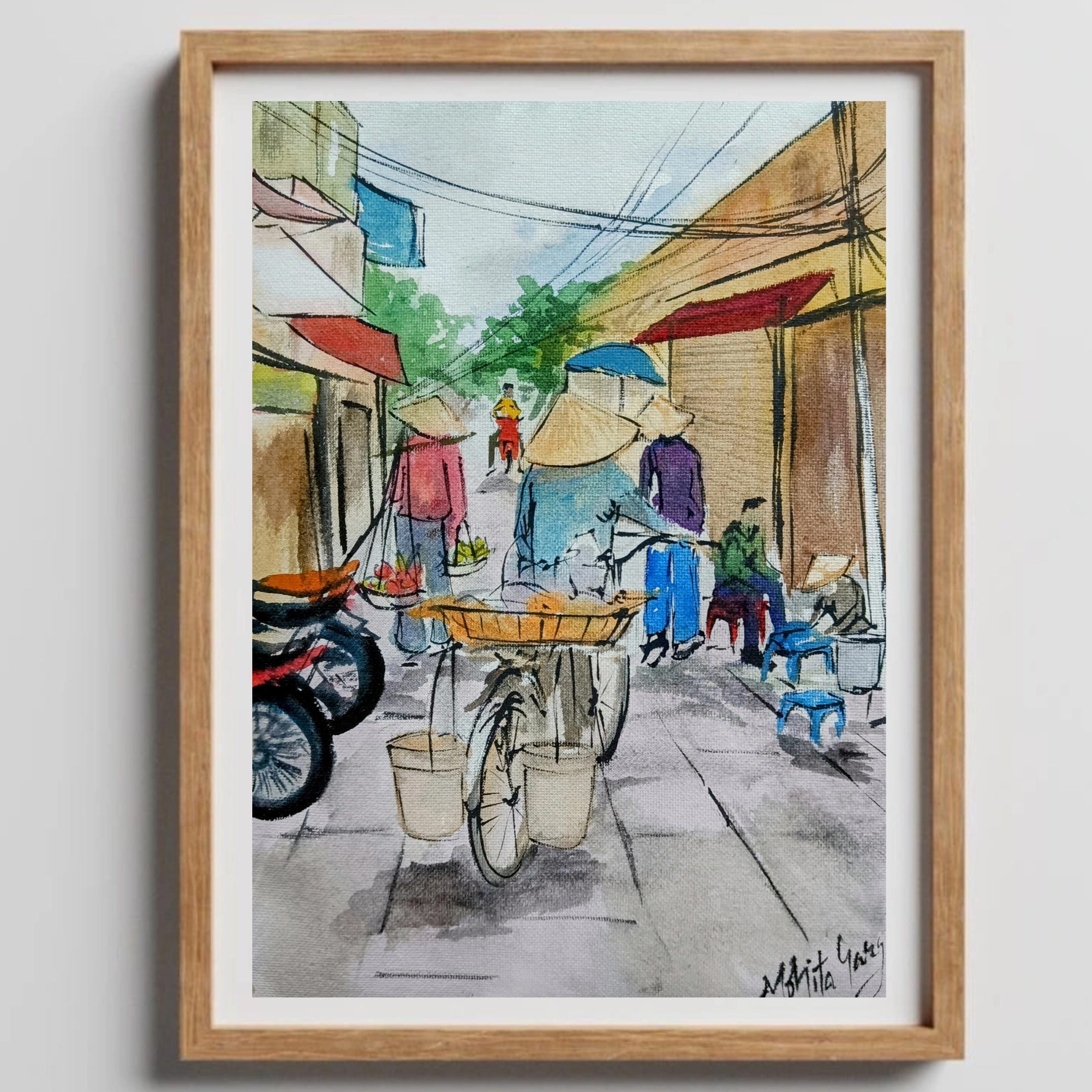 ベトナムの街並みの水彩画：東南アジアの旅のオリジナルアート - Etsy 日本