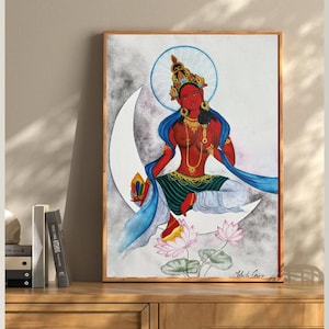 Peinture originale aquarelle de déesse bouddhiste | Fait sur commande-pas le même | Féminin divin - Tara bouddhiste, art tantra rouge saraswati