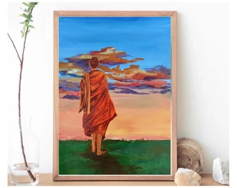 Buddhist Monk Sunset Painting: Spiritual Acrylic Art, Meditation Decor