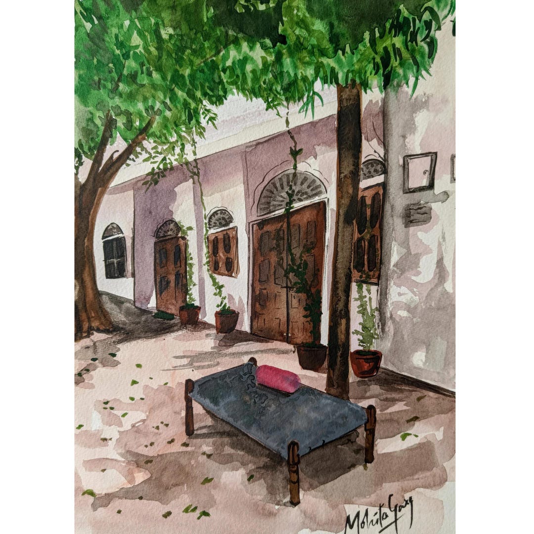 Indian Courtyard Watercolor Painting: Boho Home Wall Art - Etsy