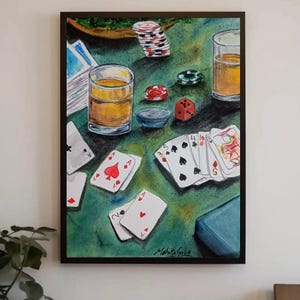 Oryginalna akwarela pokerowa | Sztuka koktajli i kart | Dekoracja ścienna do baru retro/pokoju gier | Prezent na dzień ojca