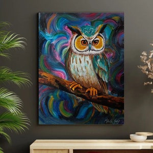 Original Owl Acrylic Painting: Abstract Bird Art on Canvas (13x18 Inches)