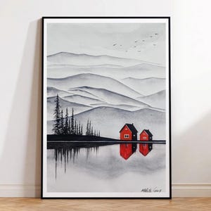 Norwegische Fjorde Aquarell Malerei A3, Original minimalistische Landschaftskunst, Lofoten/Nordische/Norwegen-Wandkunst