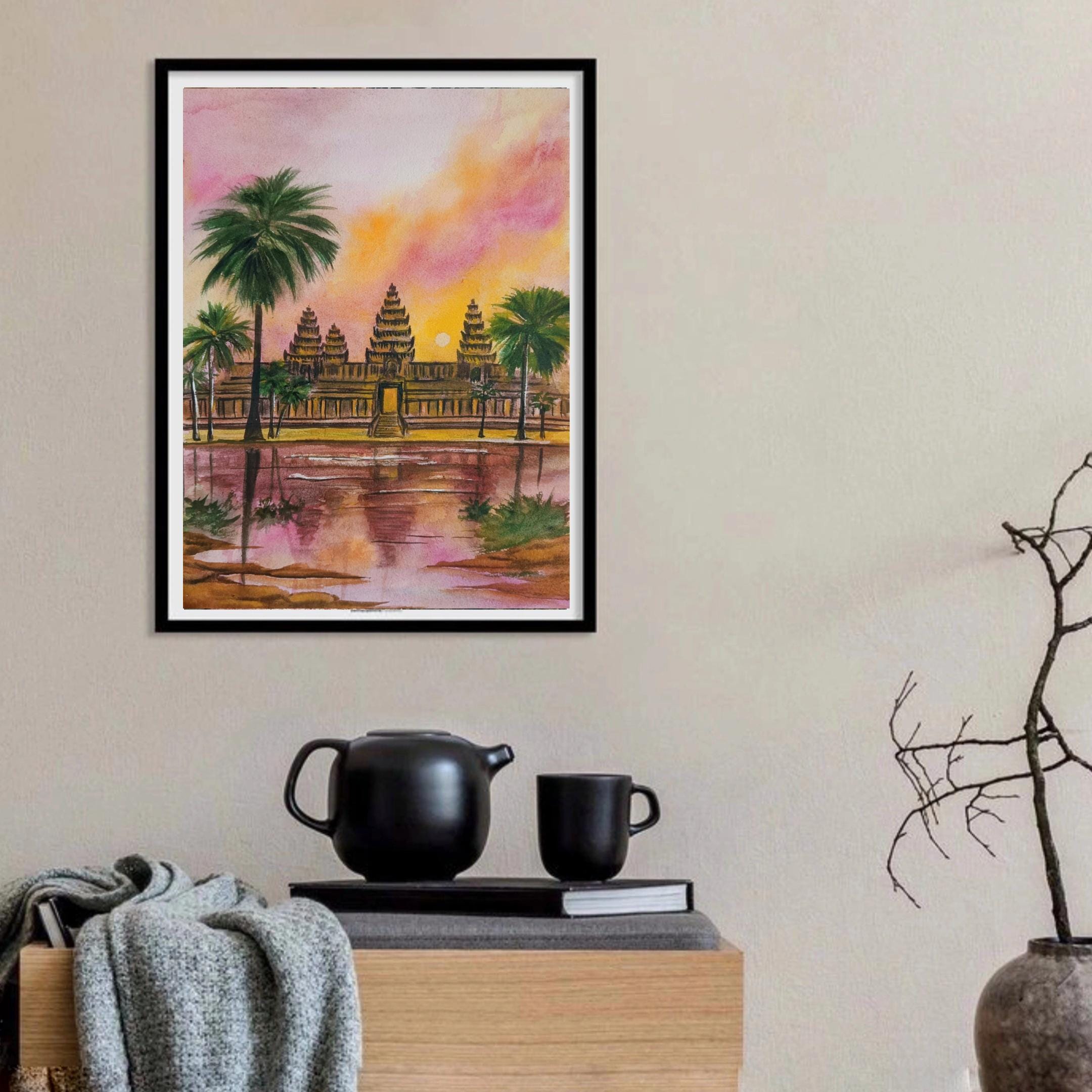 アンコールワットの水彩画：カンボジア寺院の夕焼けアート（11×14