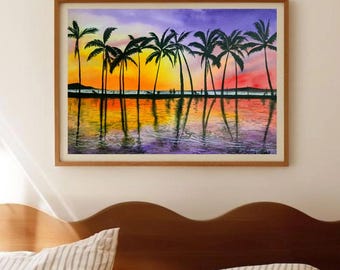 夕焼けの絵画、海のアート、水彩画の夕焼け、海岸の壁画、海景、ビーチ