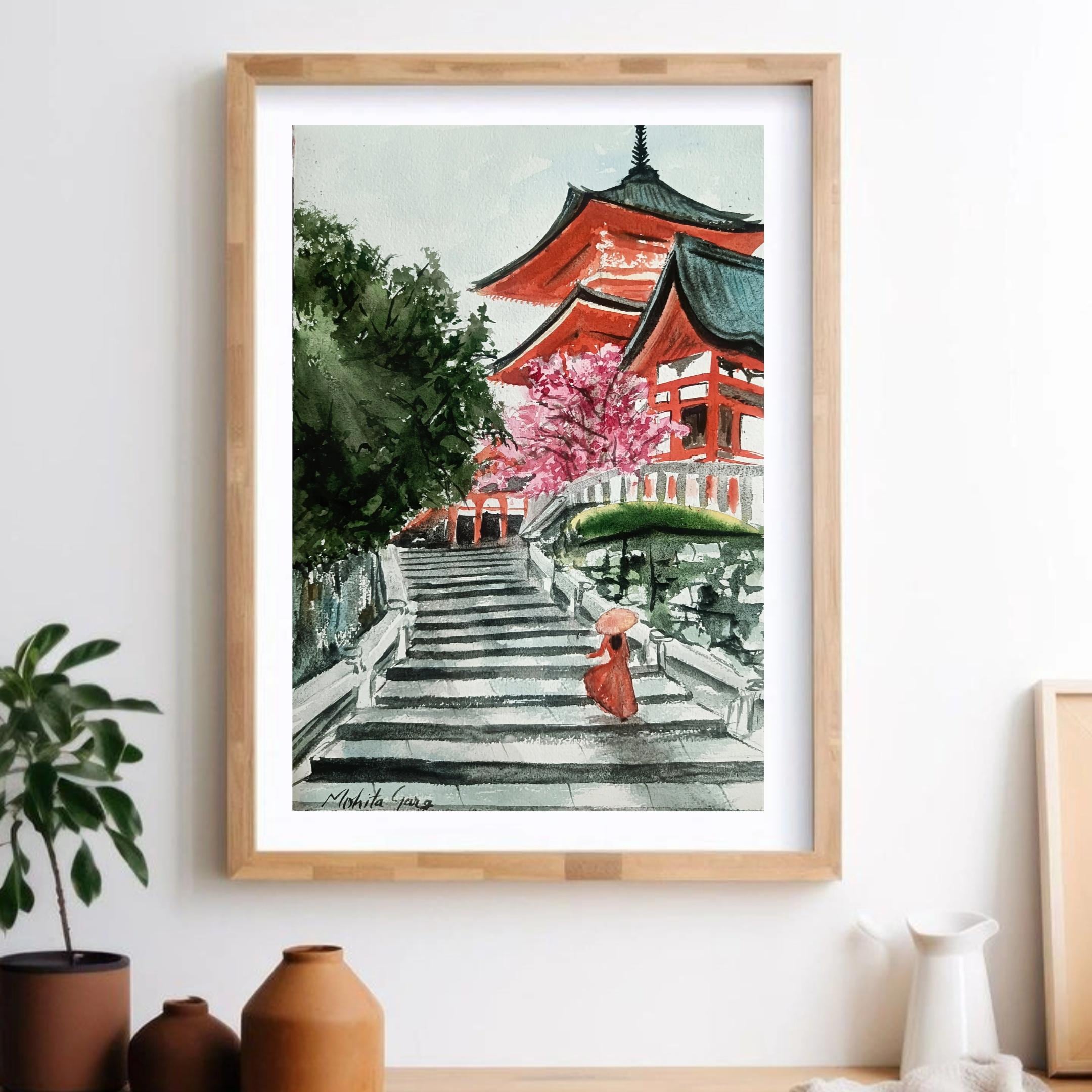 Japanese Temple Watercolor Painting, Original Japan/kyoto