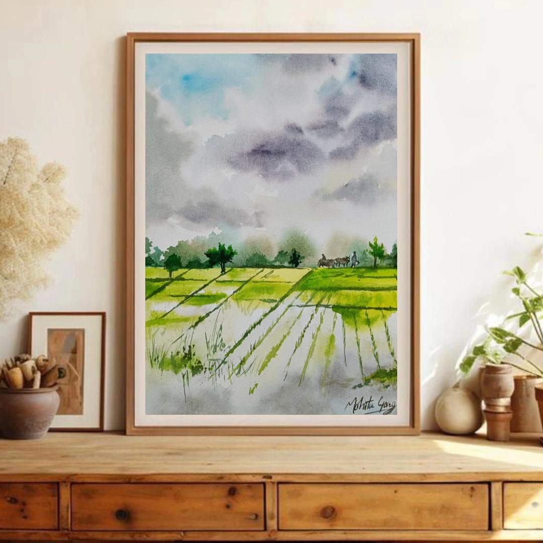 風景の水彩画 (田園風景)額入り オリジナルの水彩画、インドの田舎の村の風景画（A4）、田舎のアート
