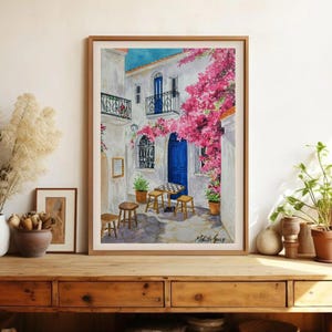 Original Greece Watercolor Painting, Greek Cafe Blue Door, pink Bougainvillaea art, Santorini/Mykonos travel art,Mediterranean art decor