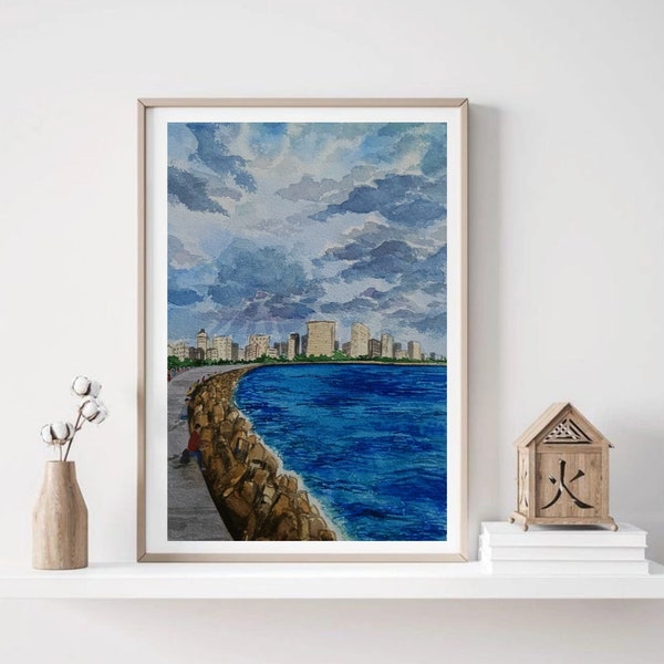 Mumbai marine drive original art| India wall art, watercolor painting, Asia/Travel/Bollywood/Bombay/cityscape Art decor, Mumbai gift