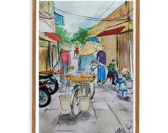 ベトナムの街並みの水彩画：東南アジアの旅のオリジナルアート - Etsy 日本