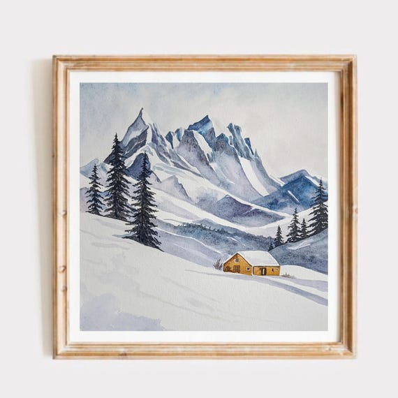 雪山小屋の水彩画：ミニマリストの冬景色アート - Etsy 日本
