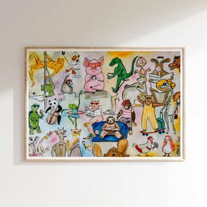 Pintura de acuarela original de animales caprichosos, arte de vida silvestre, arte de pared para guardería, decoración divertida y peculiar, ilustración de animales