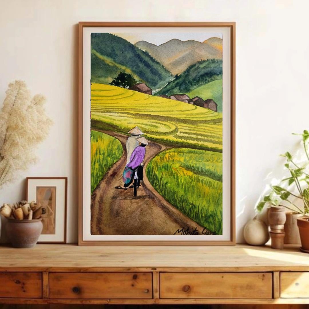 ベトナムのオリジナル水彩画、田園風景画、東南アジア旅行画、田園風景