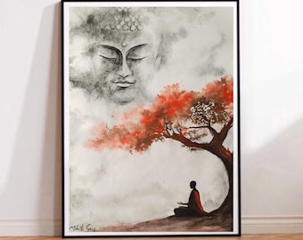 May include: A watercolour painting of a meditating figure sitting beneath a red tree with a large Buddha face in the clouds above. The painting is in shades of grey and red.