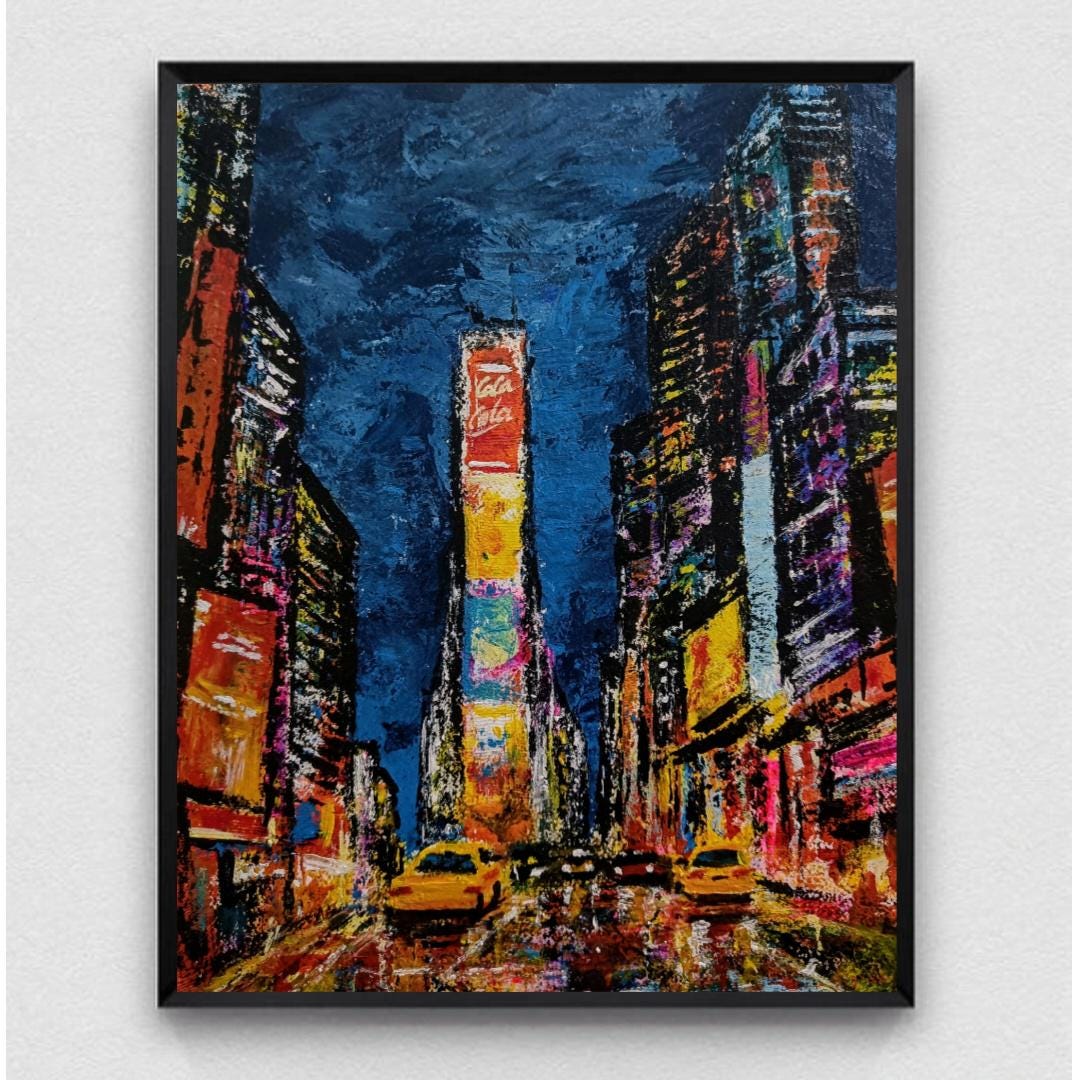 タイムズスクエアのアクリル画：オリジナルの都市景観、ニューヨーク市