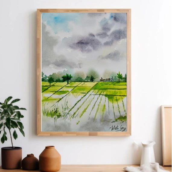 オリジナルの水彩画、インドの田舎の村の風景画（A4）、田舎のアート