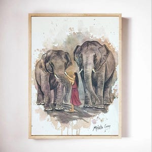 Dipinto ad acquerello originale di un elefante - Donna ed elefanti, arte della fauna selvatica, decorazione ispirata alla natura, regalo per gli amanti degli animali, arte murale rustica