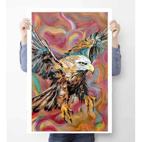 オリジナルの鷲の絵画、アクリル野生動物アート、ハヤブサ/タカ/神秘的