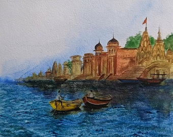 Varanasi watercolor original Indian art, Cityscape painting, Indian Art ,Spiritual Places/India Travel art, Ganges River/Ghats/Boat Wall Art