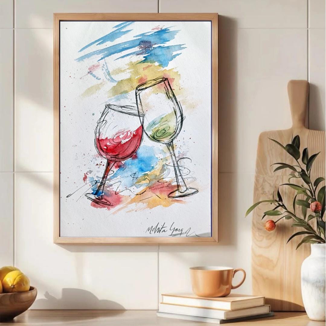 油絵 絵画 花瓶とワイングラスとコップ オリジナルワイングラス水彩画：抽象的な乾杯アート - Etsy 日本
