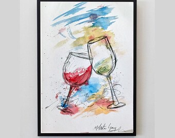オリジナルワイングラス水彩画：抽象的な乾杯アート - Etsy 日本