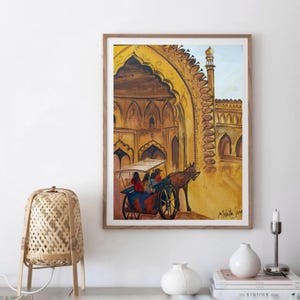 ラクナウインド水彩画オリジナル、ラホール/デリー/ラジャスタン壁画、インドの壁画、インドの建築アート、馬車
