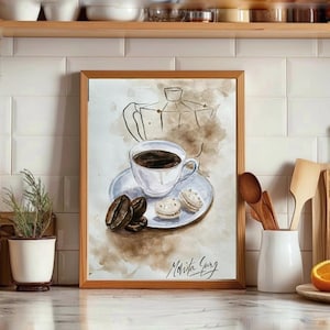 Original Espresso art, Minimalist Vintage Home Decor, Sepia Toned Art on Paper, Coffee beans & macaroons art , Cafe/Bar/kitchen Wall art