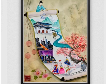 Original Korean Watercolor Art | Tiger, Hanbok & Cherry Blossoms, statement korean painting