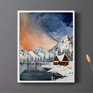 Accogliente baita invernale / Dipinto di paesaggio innevato / Arte acrilica invernale da favola, Decorazioni natalizie/festive, Arte islandese/norvegese, Aurora boreale