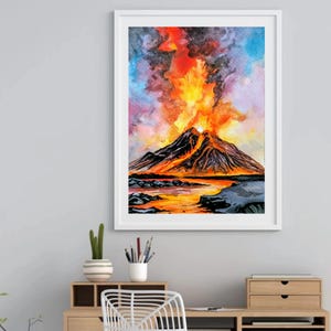 Dipinto ad acquerello di un vulcano in eruzione - Paesaggio infuocato originale, scena di lava drammatica, decorazione murale con natura audace, opera d'arte fatta a mano in formato A4