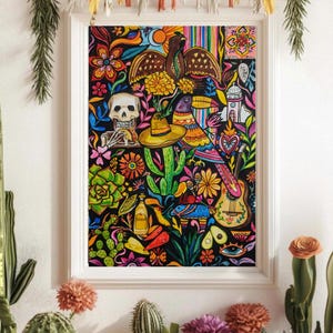 Arte de acuarela mexicano moderno original, arte bohemio latinoamericano, arte mural colorido/ecléctico/mexicano, decoración inspirada en el Día de Muertos y fiestas.