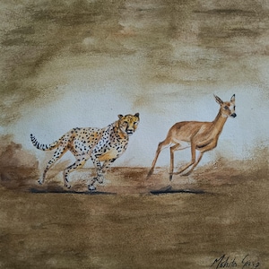 Acquerello originale di fauna selvatica - Dipinto di safari africano, ghepardo che caccia un cervo, arte murale originale di animali