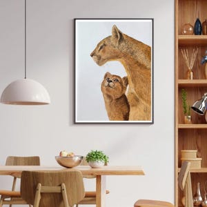 Dipinto ad acquerello originale raffigurante un puma e il suo cucciolo, decorazione da parete con animali / decorazione per cottage/camera da letto/soggiorno / arte con safari naturalistico / regali per gli amanti dei grandi felini