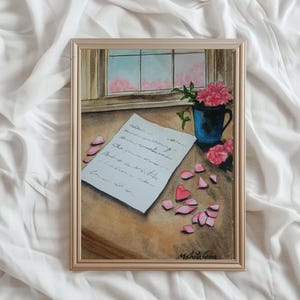 Pintura de acuarela romántica nostálgica, carta de amor vintage y arte de taza azul, decoración de pared acogedora de estilo cottagecore, regalo para escritores y poetas