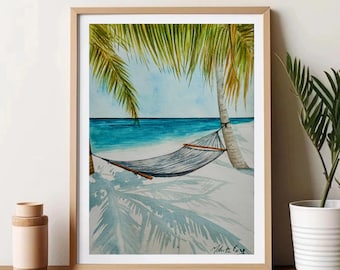 Original Beach Hammock Watercolor Painting, Coastal A4 Art